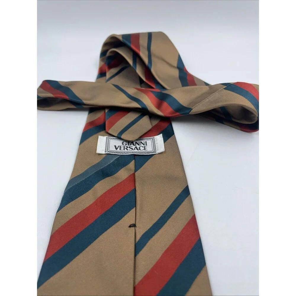 Gianni Versace Tie Men's 100% Silk Gold Brown W Red Blue Stripes Made in Italy